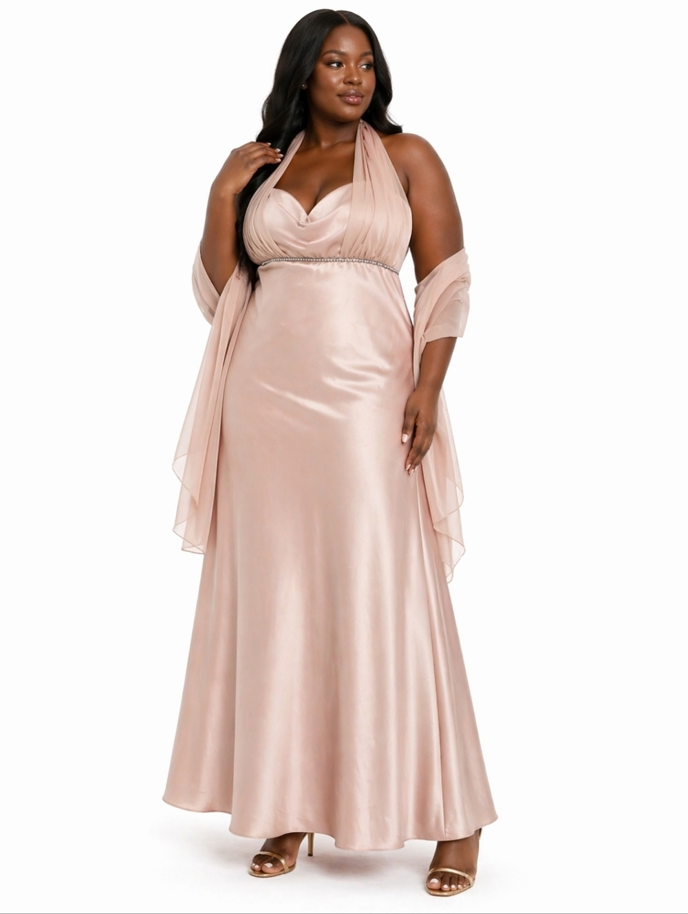 Plus Size Tan-ish/ Gold Halter Satin Evening Dress with Shawl Size 3X